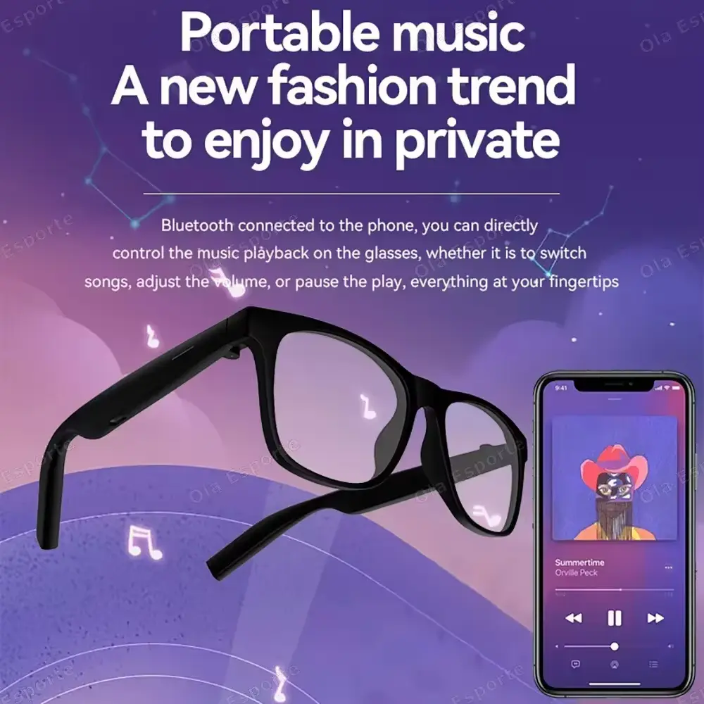 Smart glasses paired with a smartphone playing music, highlighting private audio enjoyment.