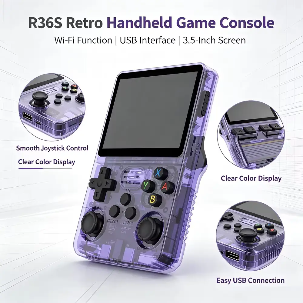 Transparent purple edition unit shown in this R36S Retro Handheld Review with USB and display features.