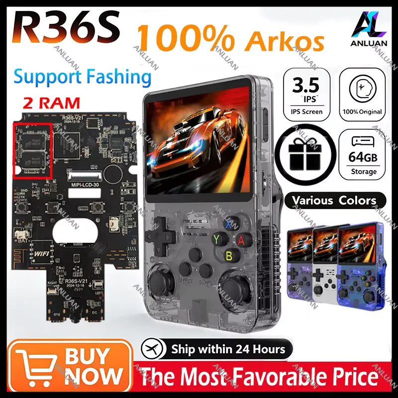 Complete R36S Retro Handheld Review showing original transparent console specs and color options.