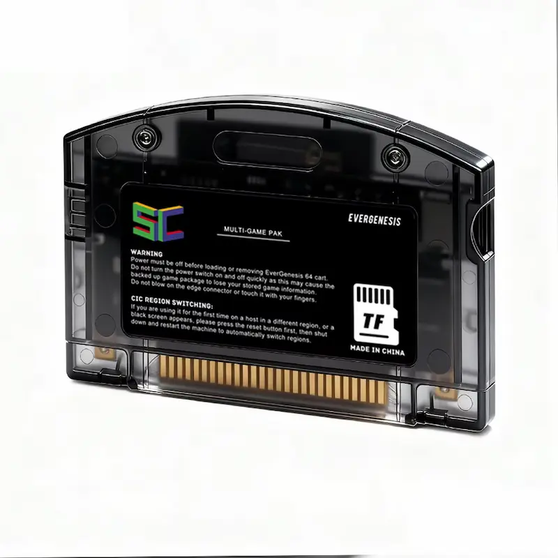 Rear side of transparent black gaming pak showing Micro SD expansion card slot and safety instructions label.