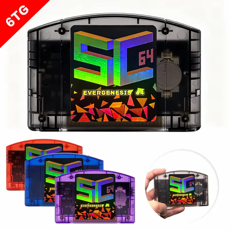 Multiple translucent color options displayed in this SC64 FlashCard N64 Review guide.