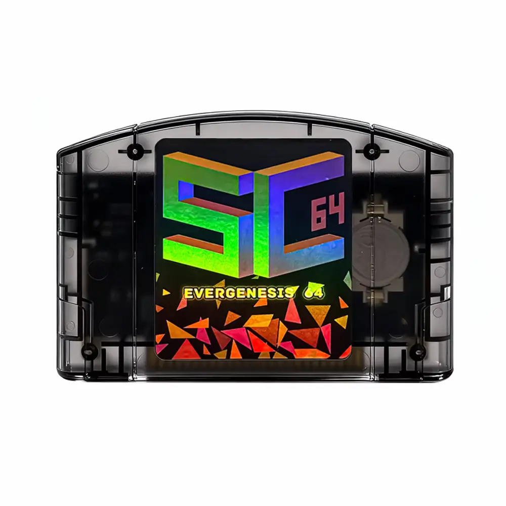 Front view of translucent black cartridge featured in our SC64 FlashCard N64 Review.