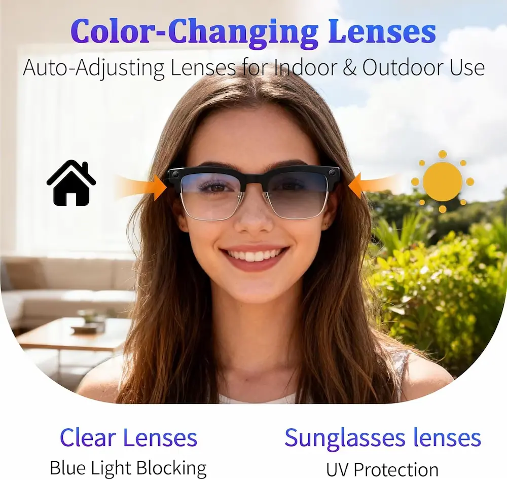 A woman wearing smart glasses that transition from clear indoor lenses with blue light blocking to dark outdoor sunglasses with UV protection.