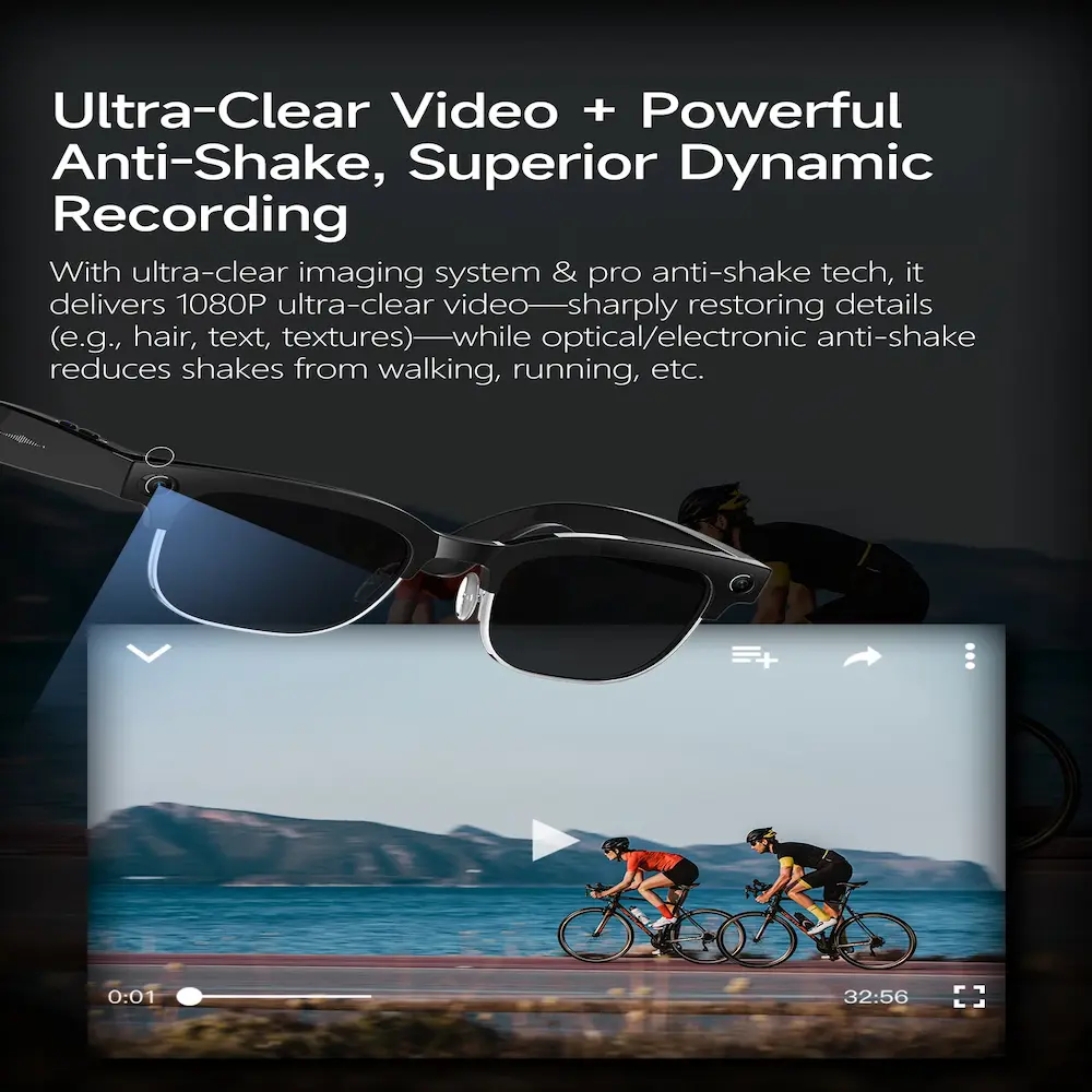 A cyclist’s point-of-view shot demonstrating the ultra-clear 1080P imaging and anti-shake tech during high-motion activity.
