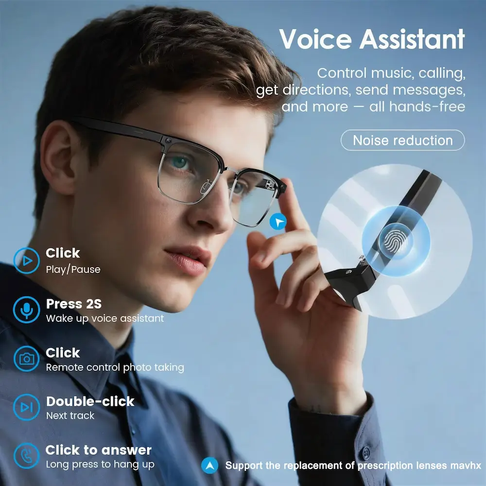 A man using the touch-sensitive temple of the smart glasses to activate the voice assistant and manage calls hands-free.