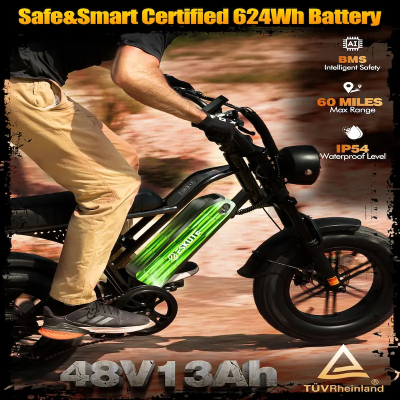 A rider cruising with a highlighted 48V 13Ah safe and smart certified battery offering a 60-mile range.