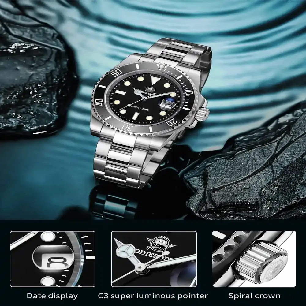 Close-up details of date display, luminous pointers, and spiral crown on a black stainless steel wristwatch.