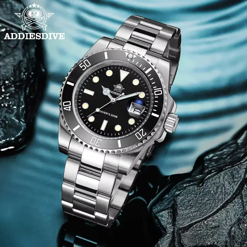 Full front view of black dial dive watch in an ADDIESDIVE Men’s Watch Review.