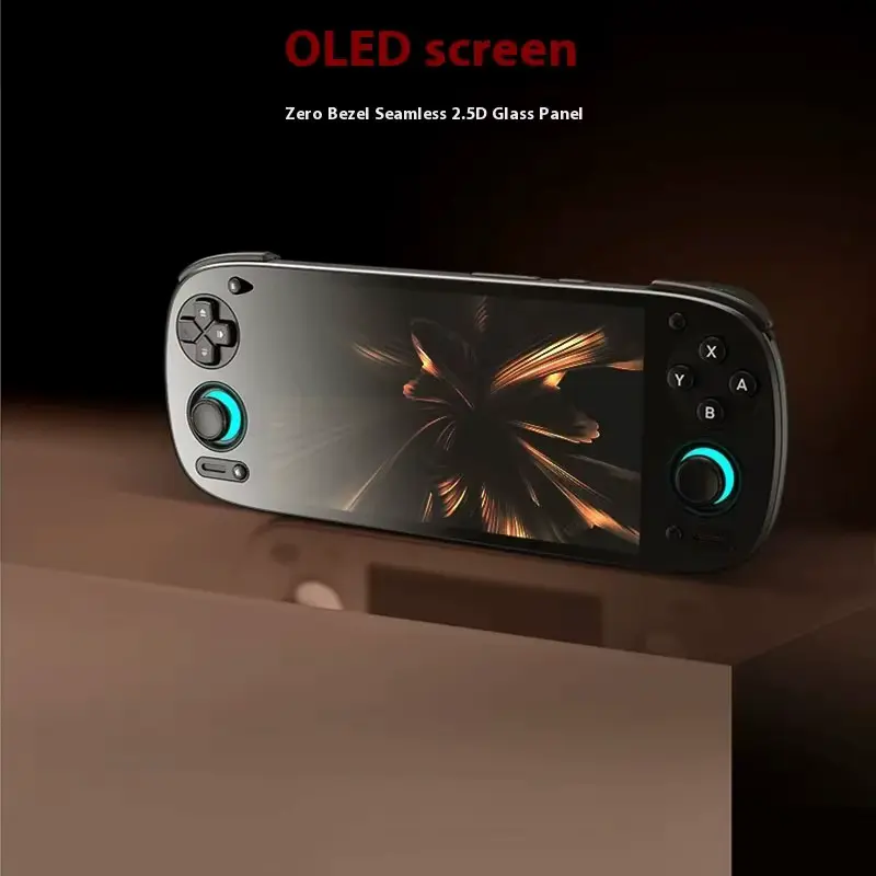 A close-up of the zero-bezel seamless 2.5D glass panel on the Retroid Pocket 5 handheld console.