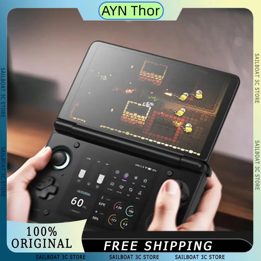 AYN Thor Dual Screen handheld gaming device playing a game with live stats on lower display.