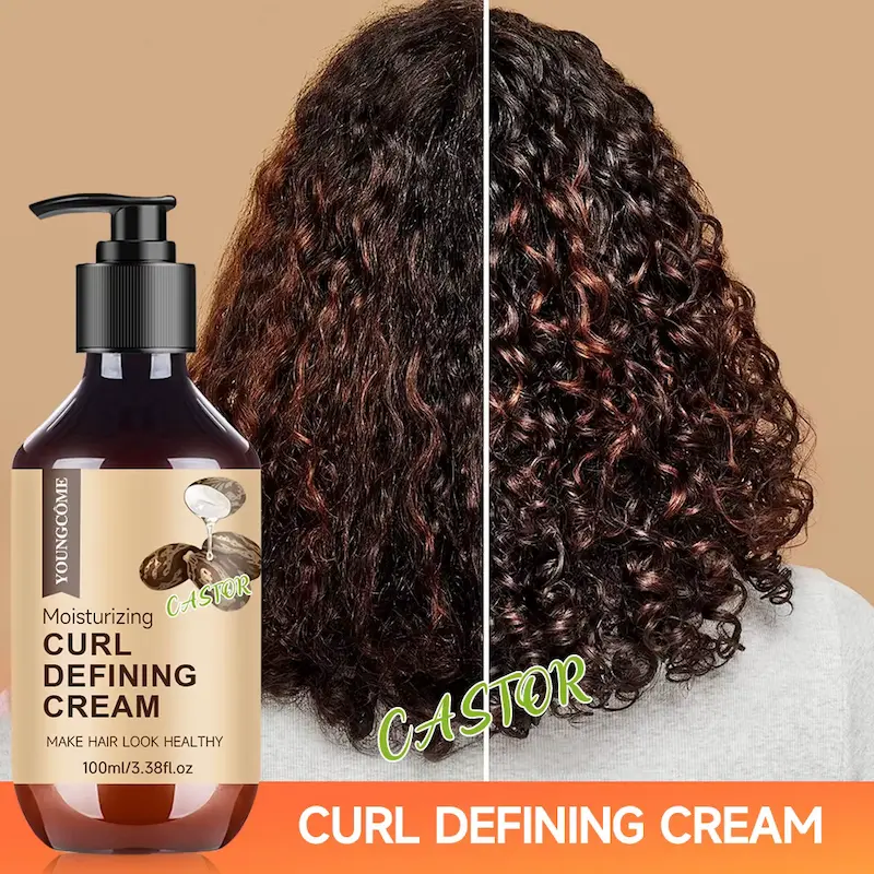 Before and after split showing frizzy hair versus defined curls using Castor Oil Curl Cream