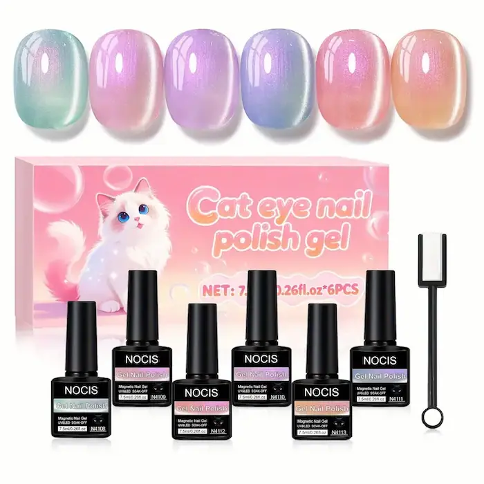 Complete kit featuring six pastel magnetic gel bottles with custom packaging and a dual-ended magnet tool for nail art.