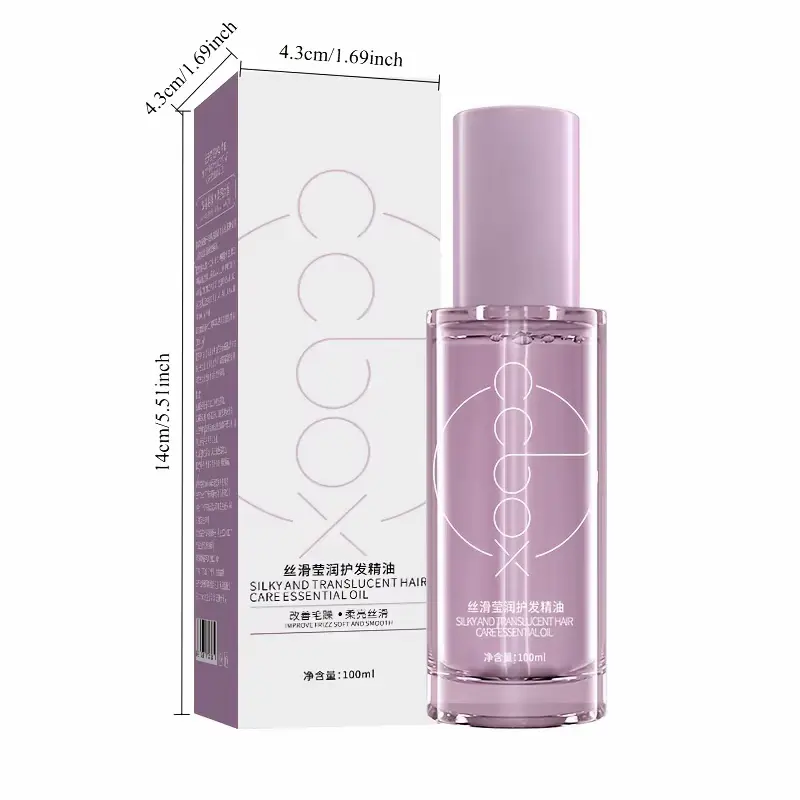 Product dimensions display of the 100ml hair care essential oil bottle and outer box.