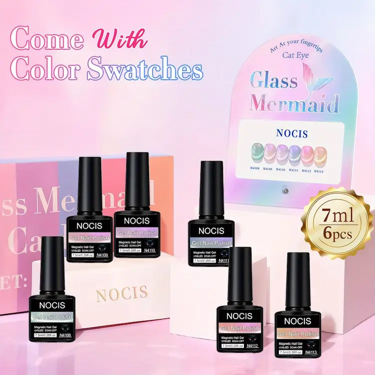 Detailed NOCIS Cat Eye Review highlighting six 7ml gel bottles displayed on white platforms next to a glass mermaid swatch board.