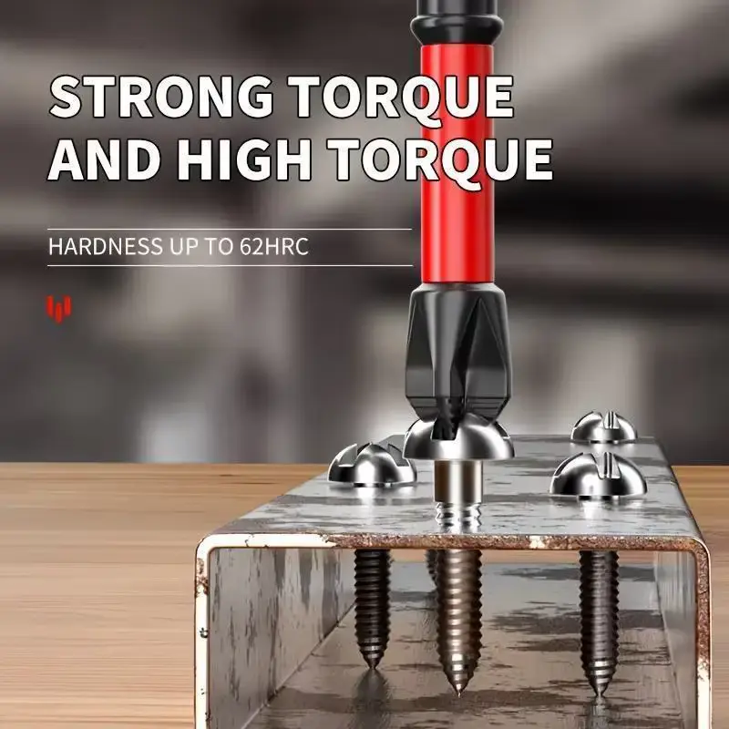 High-torque cross head magnetic drill bit set driving screws into metal channel up to 62HRC hardness.