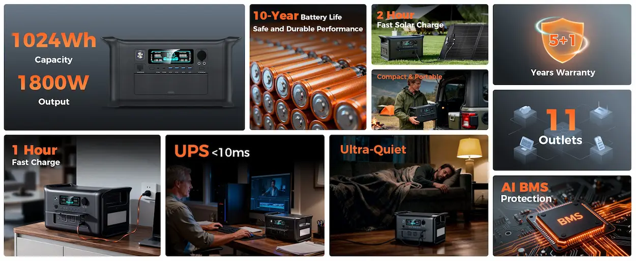 Infographic showing CTOLITY 1024Wh capacity, LiFePO4 battery cells, and AI BMS protection.