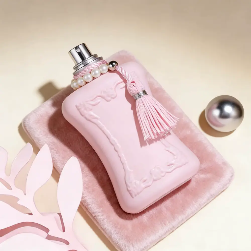 A detailed Delina EDP Scent Review highlighting the elegant silver spray nozzle, pearl detailing, and pink tassel.