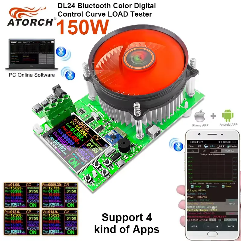 DL24 150W Review 2026 ATORCH DL24 150W color digital control curve load tester with smartphone app interface and PC software.