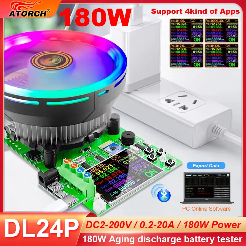 DL24 150W Review 2026 ATORCH DL24P 180W aging discharge battery tester supporting DC 2-200V and 0.2-20A with a large cooling fan.