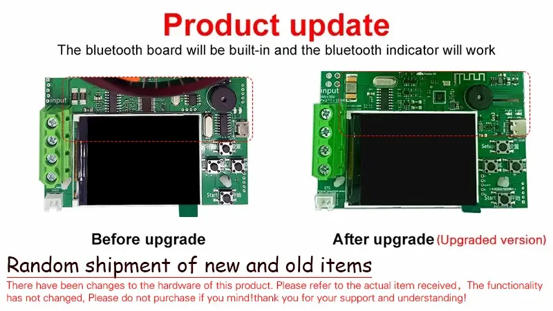 DL24 150W Review 2026 Hardware comparison of ATORCH DL24P tester before and after upgrade showing the built-in bluetooth board and indicator.