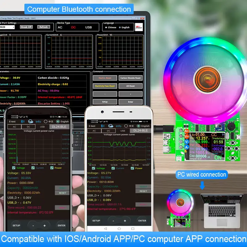 DL24P tester connected simultaneously to Android iOS smartphone apps and PC computer software via bluetooth and wired options.