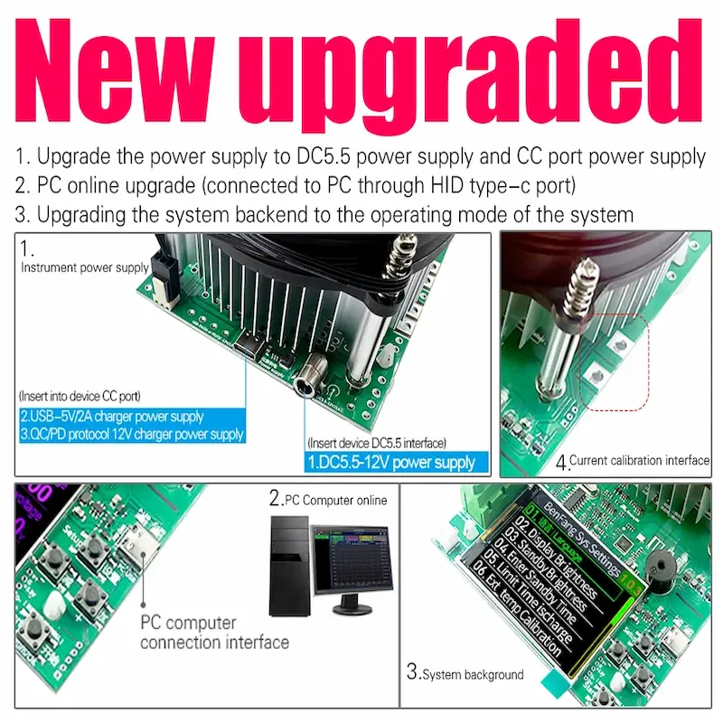 Diagram showing DL24P upgrades including DC5.5 power supply, PC online upgrade port, and system settings background menu.