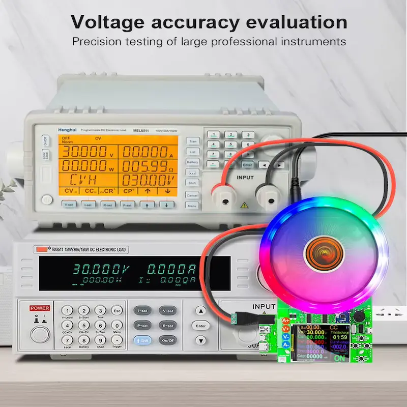 Voltage accuracy evaluation of DL24P digital tester compared side-by-side with large professional benchtop laboratory instruments.