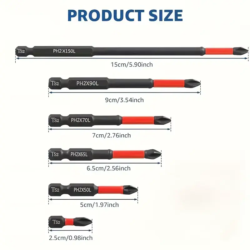 Dimension chart showing cross head screwdriver attachments in six lengths from 2.5cm to 15cm.