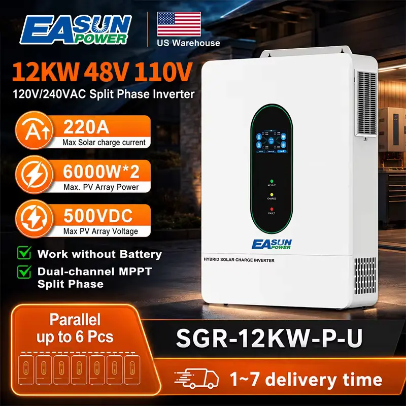 EASUN POWER 12KW Review showing key features, split phase support, dual MPPT, and battery-free mode.
