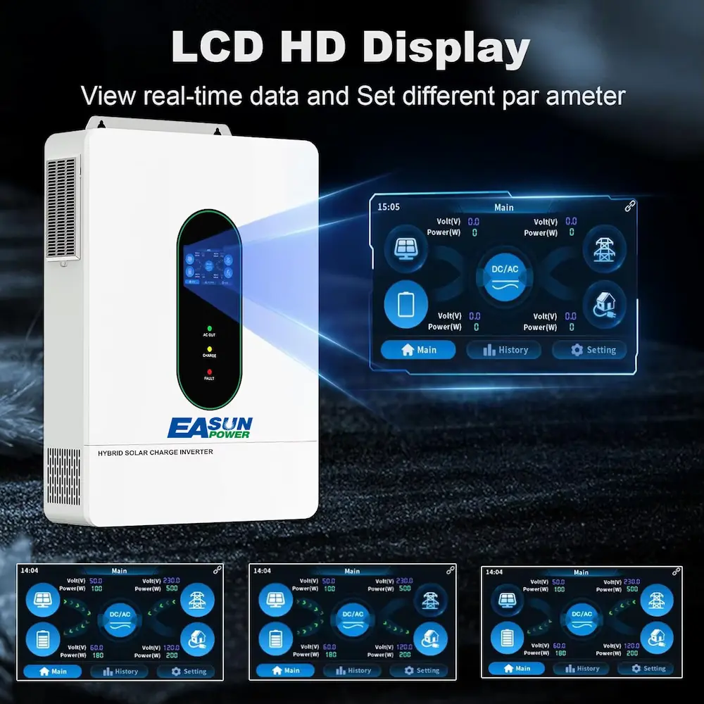 EASUN POWER 12KW Review demonstrating the HD LCD touchscreen panel and system data navigation menus.