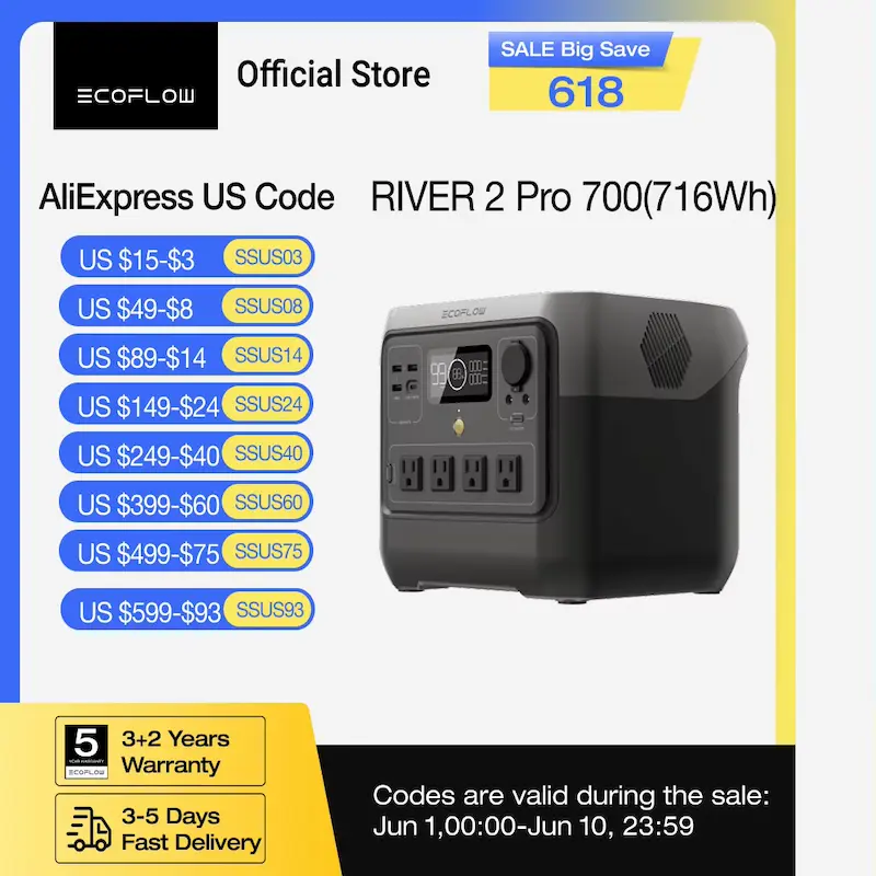EcoFlow RIVER 2 Pro official store discount codes and 5-year warranty promotional banner.