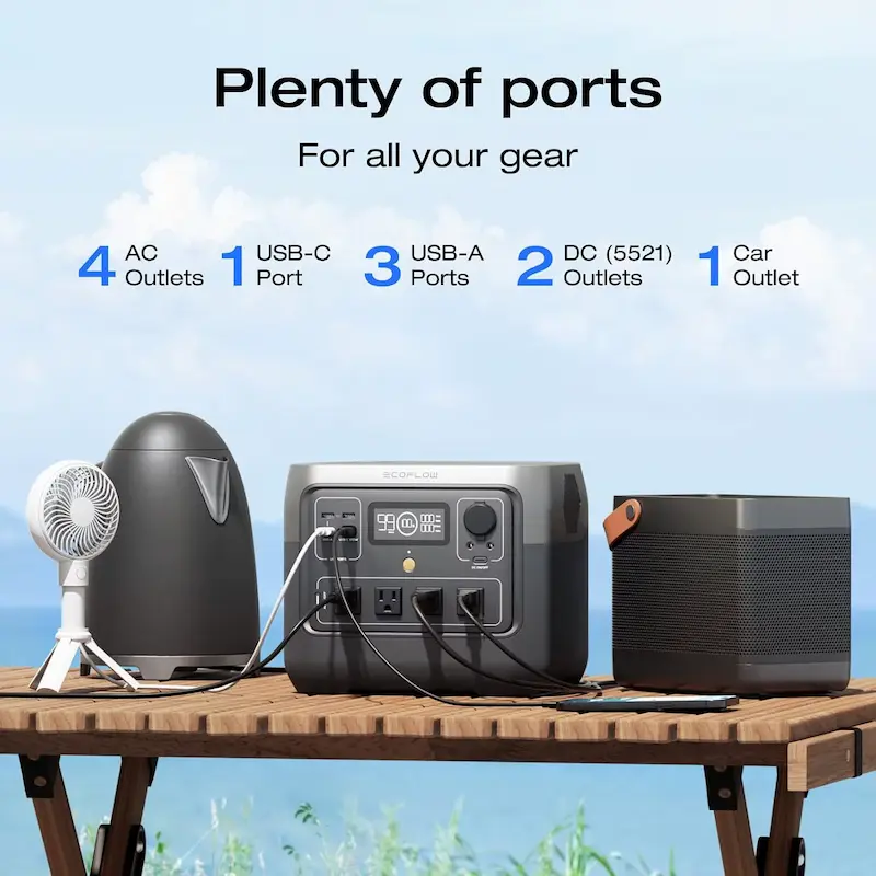 Front view showing multiple charging ports on the EcoFlow River Portable Power station powering multiple devices.