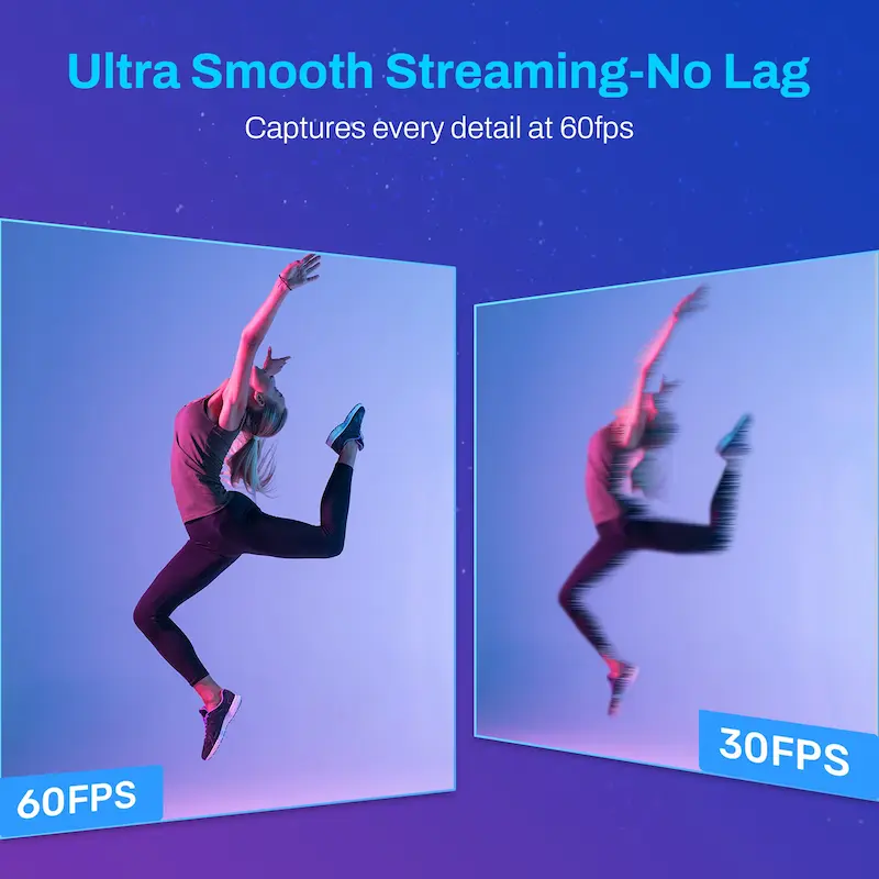 Comparison showing ultra-smooth 60FPS streaming vs laggy 30FPS video capture.