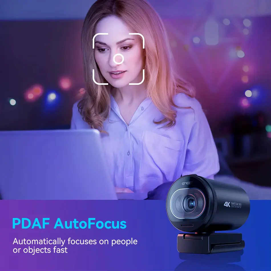 EMEET S600 webcam featuring fast PDAF autofocus on a person using a laptop.