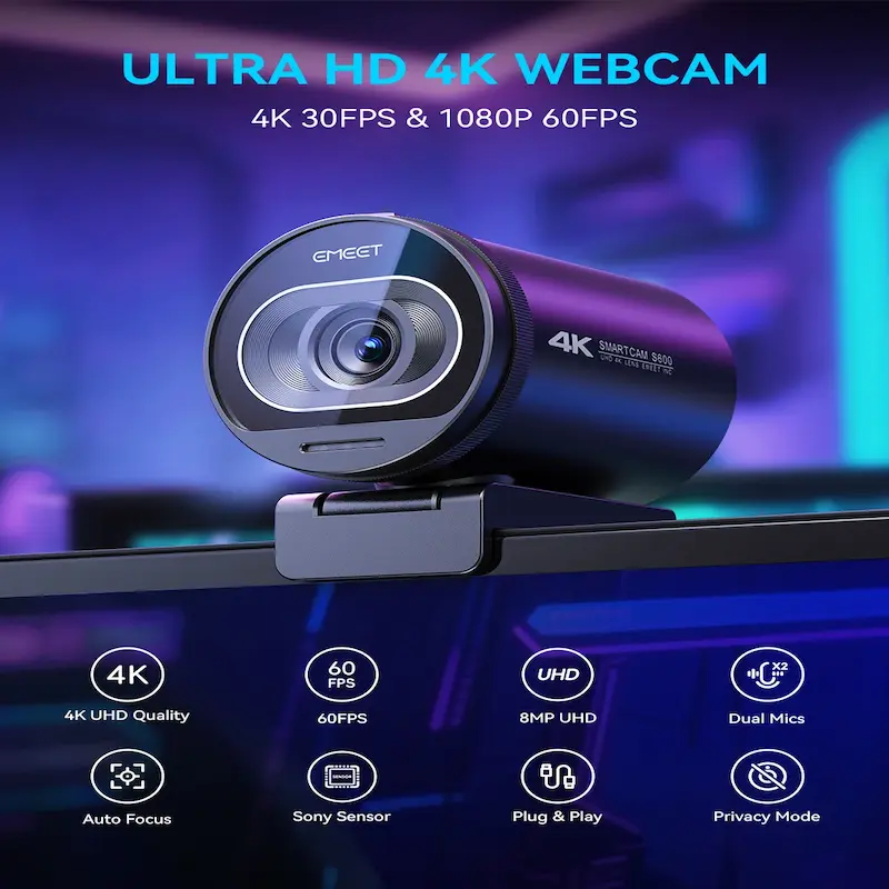 Overview of key specifications for the best 4K streaming webcam including dual mics and privacy mode.