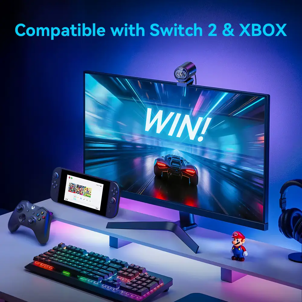 Best 4K streaming webcam mounted on a monitor for Switch and Xbox gaming setup.