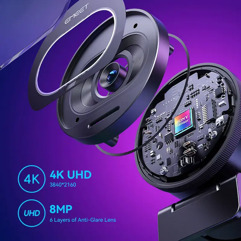 Inside look at the EMEET S600 4K UHD 8MP lens with 6 layers of anti-glare glass.