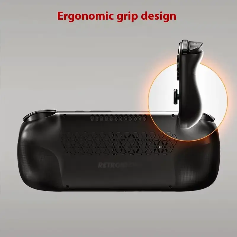 The back view of the handheld console showing the active cooling vents and ergonomic grip design.