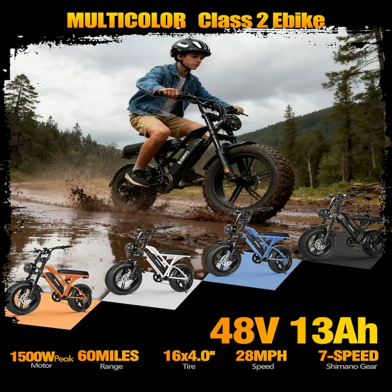 Multiple color options of the Eskute V100 Electric Bike showcasing a Class 2 e-bike setup.