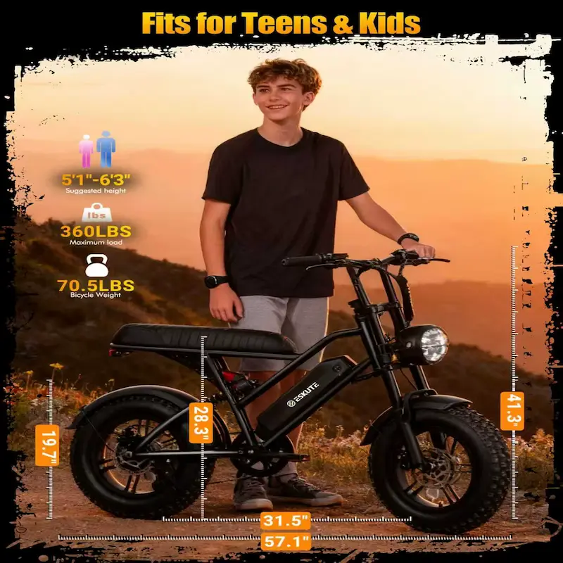 Full dimensions and weight capacity breakdown of the Eskute V100 Electric Bike for teens and kids.