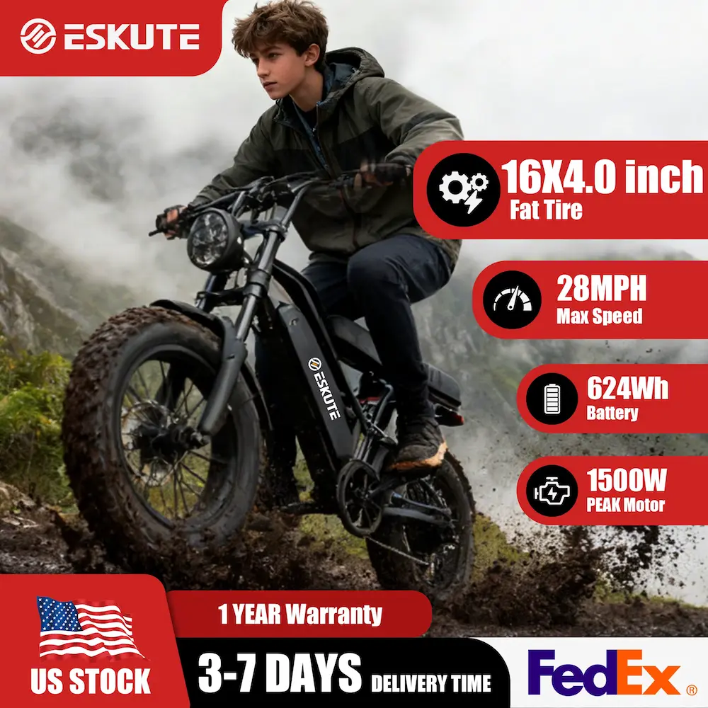 A rider splashing through mud on an Eskute V100 Electric Bike with key specifications highlighted.
