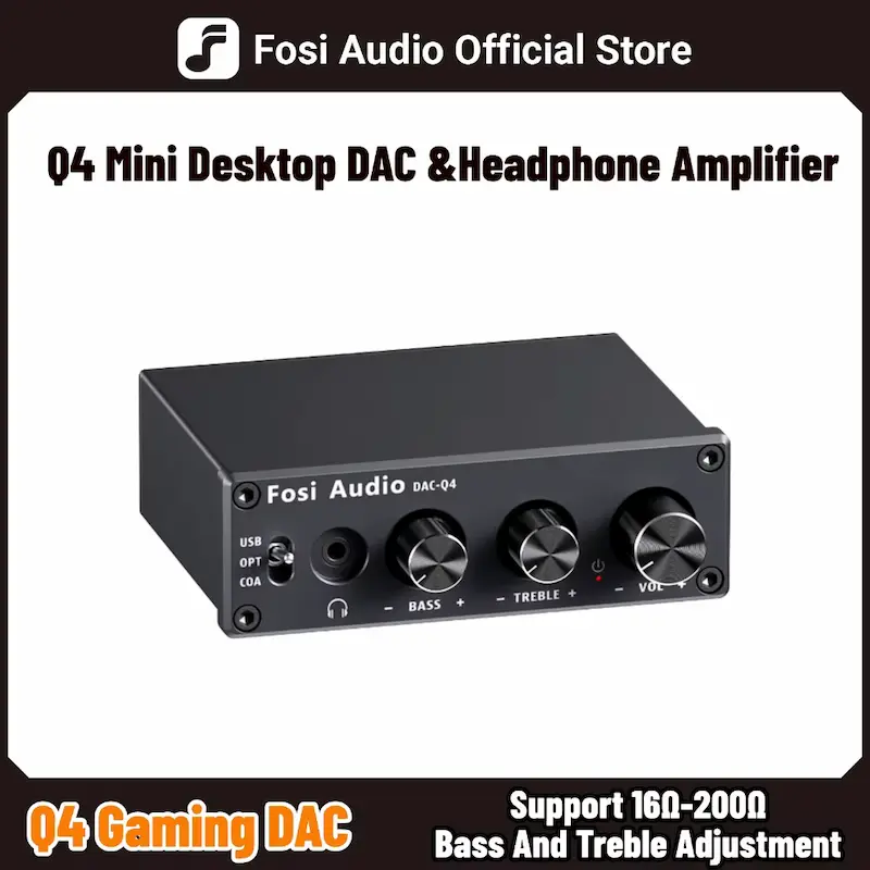 Complete Fosi Audio Q4 review presentation highlighting 16 to 200 ohm headphone support and official store details.