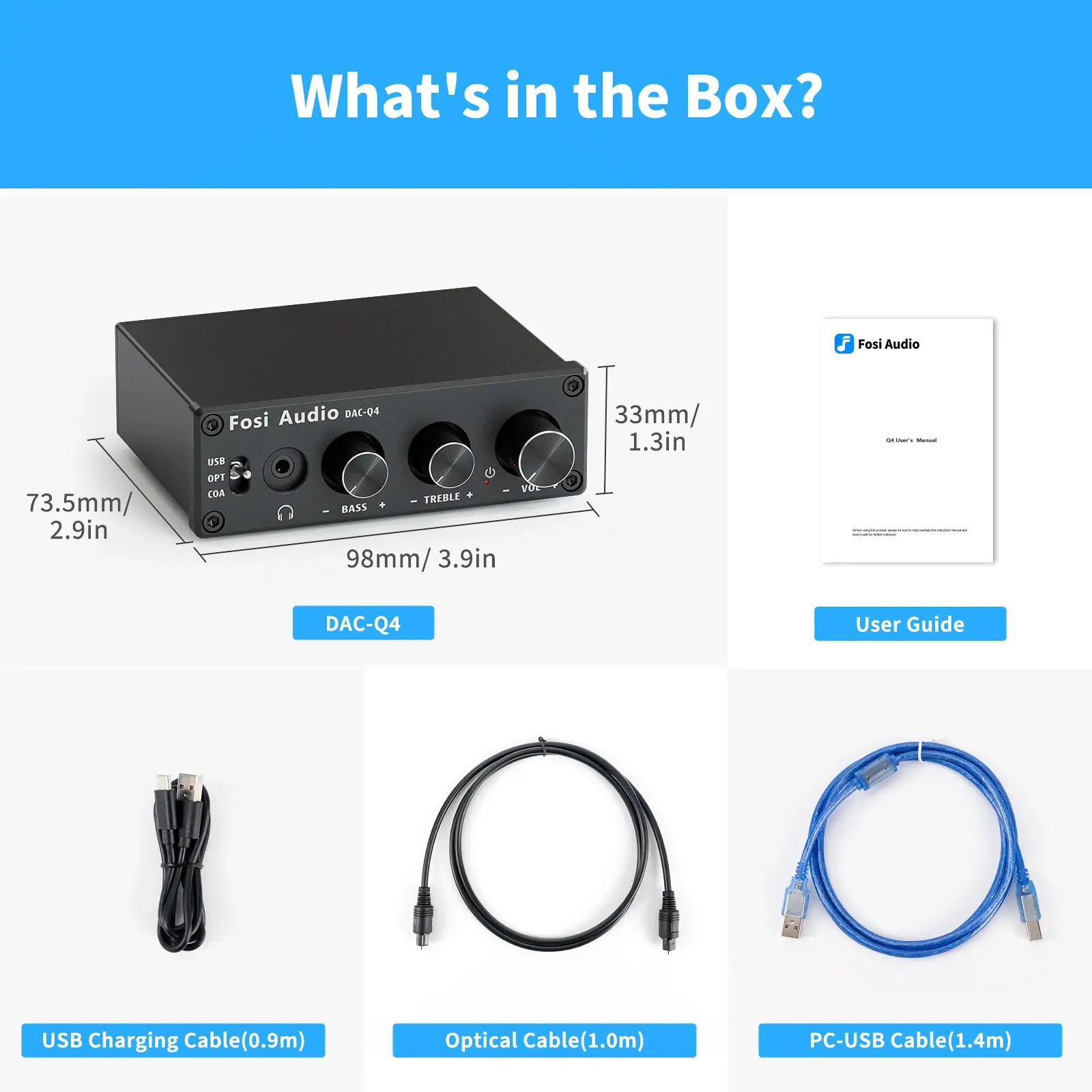 Fosi Audio Q4 review unboxing contents showing the amplifier unit, user guide, USB charging cable, optical cable, and PC-USB cable.