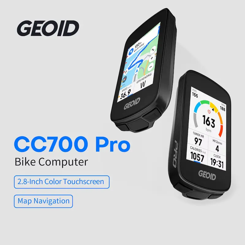 GEOID CC700 Pro Review highlighting the 2.8 inch color touchscreen and map navigation features.