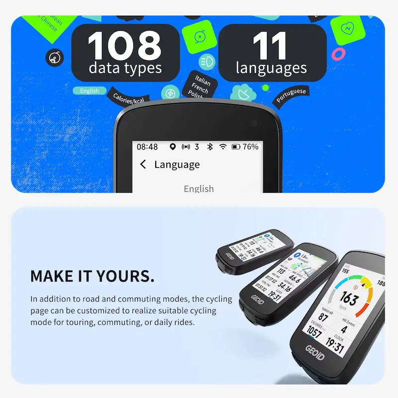 Customizable screen interface showing 108 data types and 11 language options.