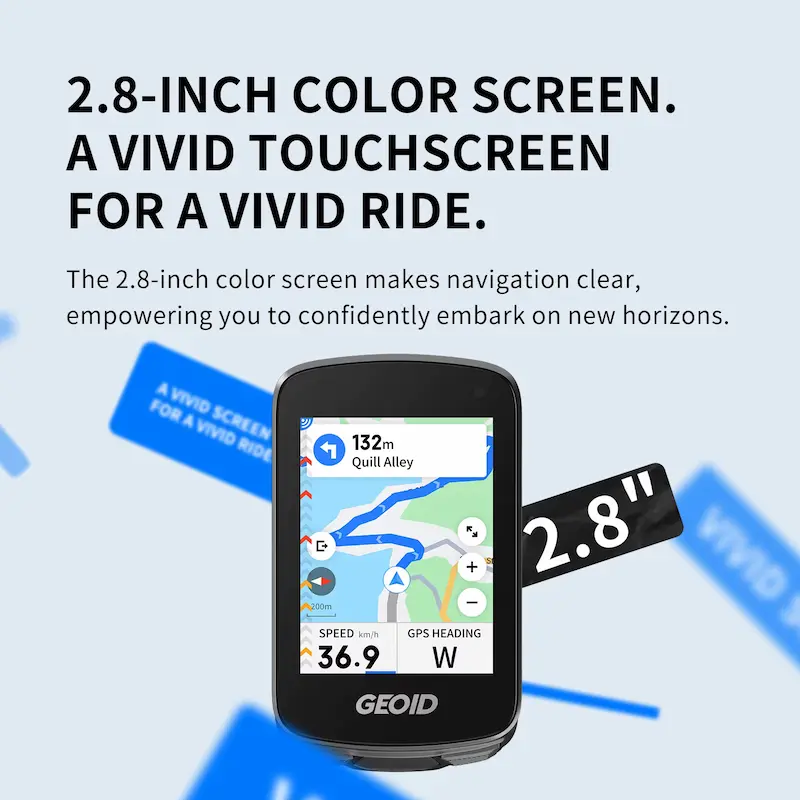 Close up of the 2.8-inch vivid color touchscreen on the GEOID bicycle GPS computer.