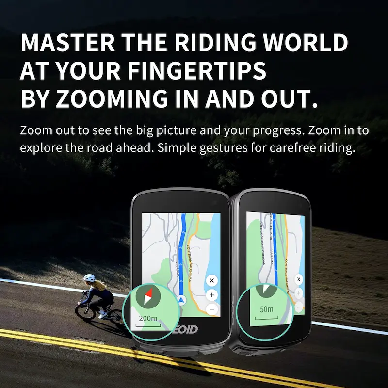 Detailed GEOID CC700 Pro Review showcasing the zoom in and zoom out map feature on a bike.