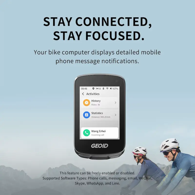 Smart smartphone notifications feature on the screen during a cycling session.