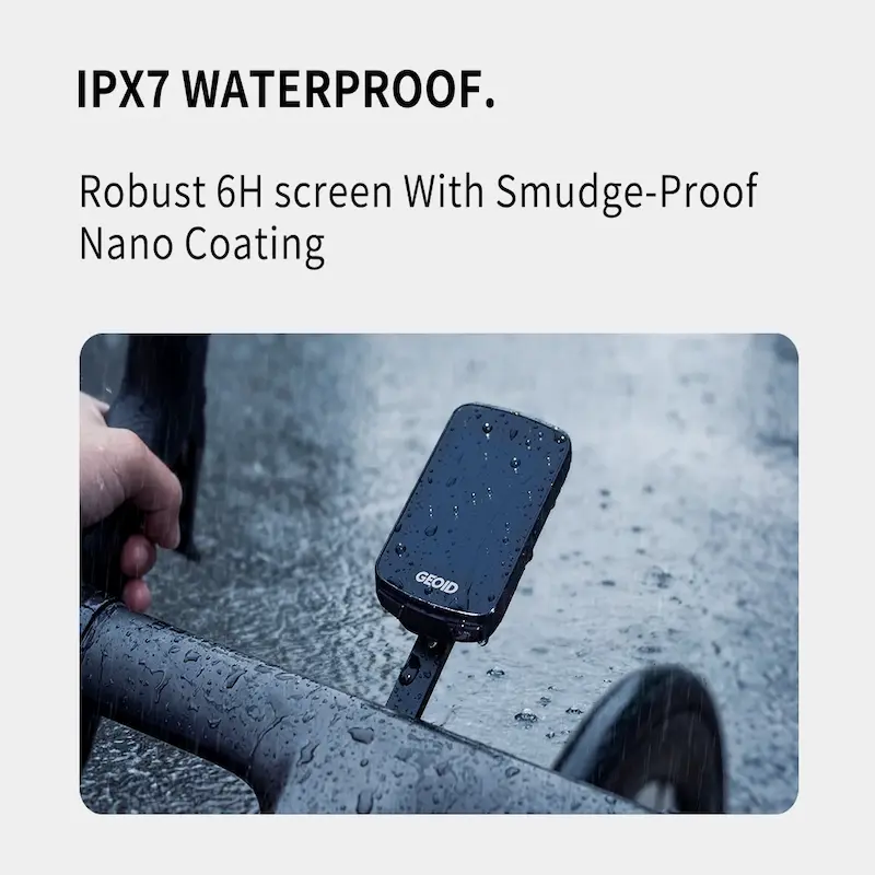 IPX7 waterproof GEOID CC700 Pro Review showing the bicycle computer under heavy rain.