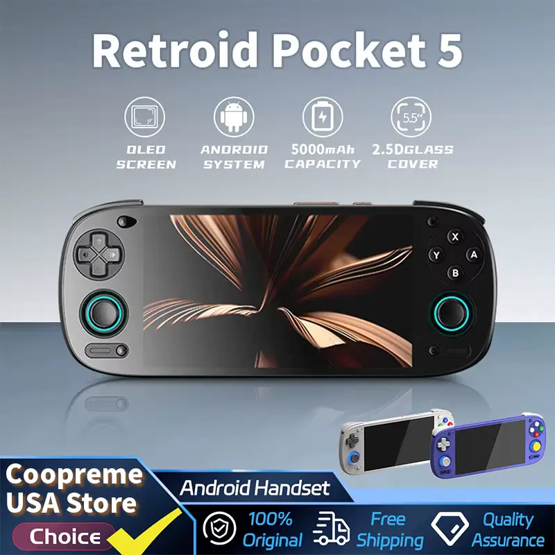 Retroid Pocket 5 Review highlighting the Android handset with a 5.5 inch OLED screen and 5000mAh battery.